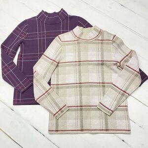 Lot Lands End Plaid Mock Neck Stretch Cotton Blend Sweaters Women's Small (6-8)